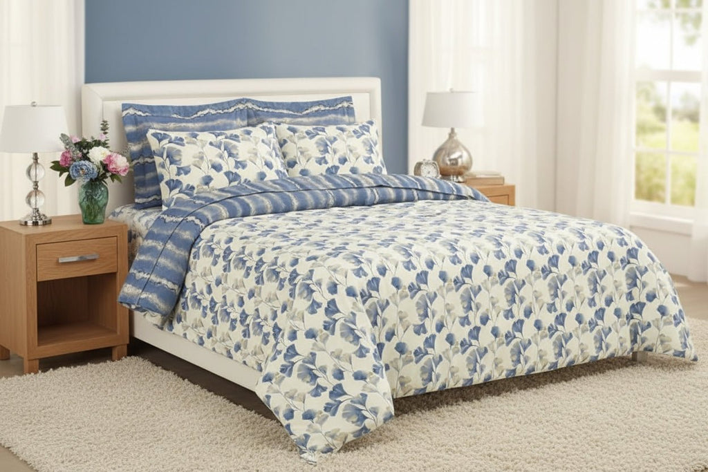 Azure Ginkgo Leafpure pure Cotton Bedsheet Set - Hina Beddings