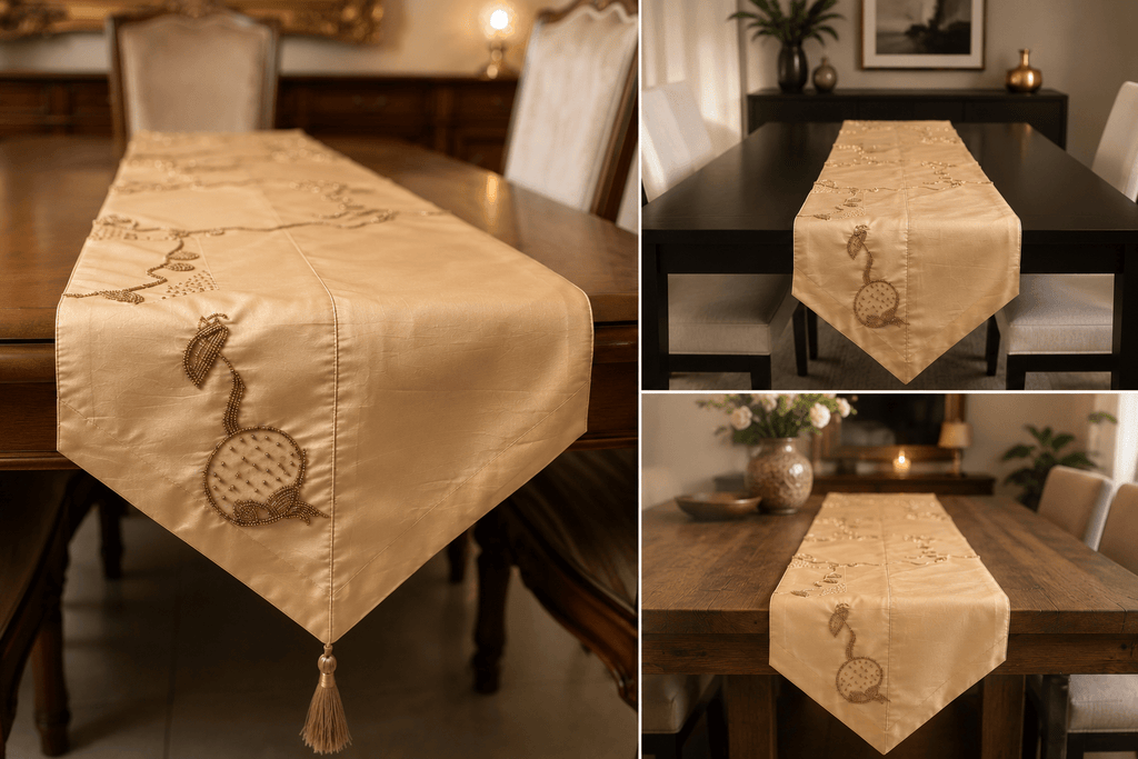 Beaded Tulip Silk Table Runner — with Tassel Detail - Hina Beddings