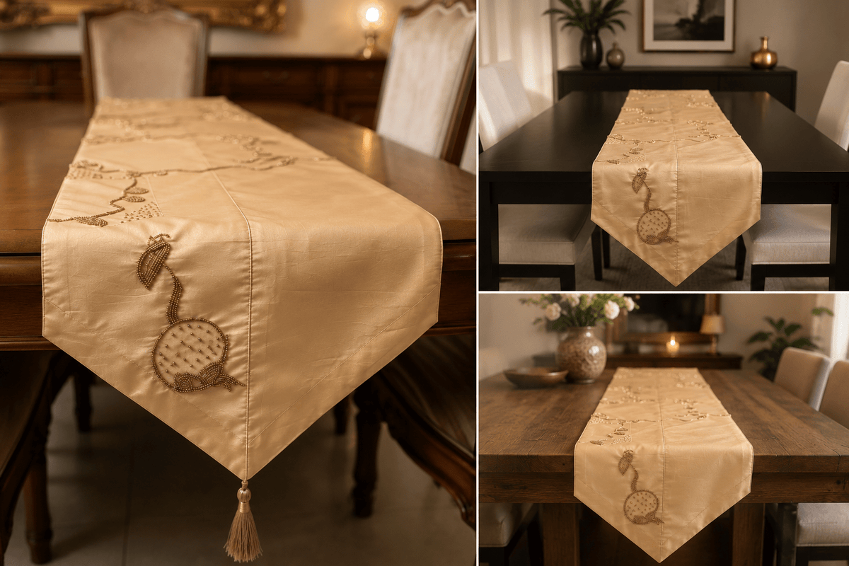 Beaded Tulip Silk Table Runner — with Tassel Detail - Hina Beddings