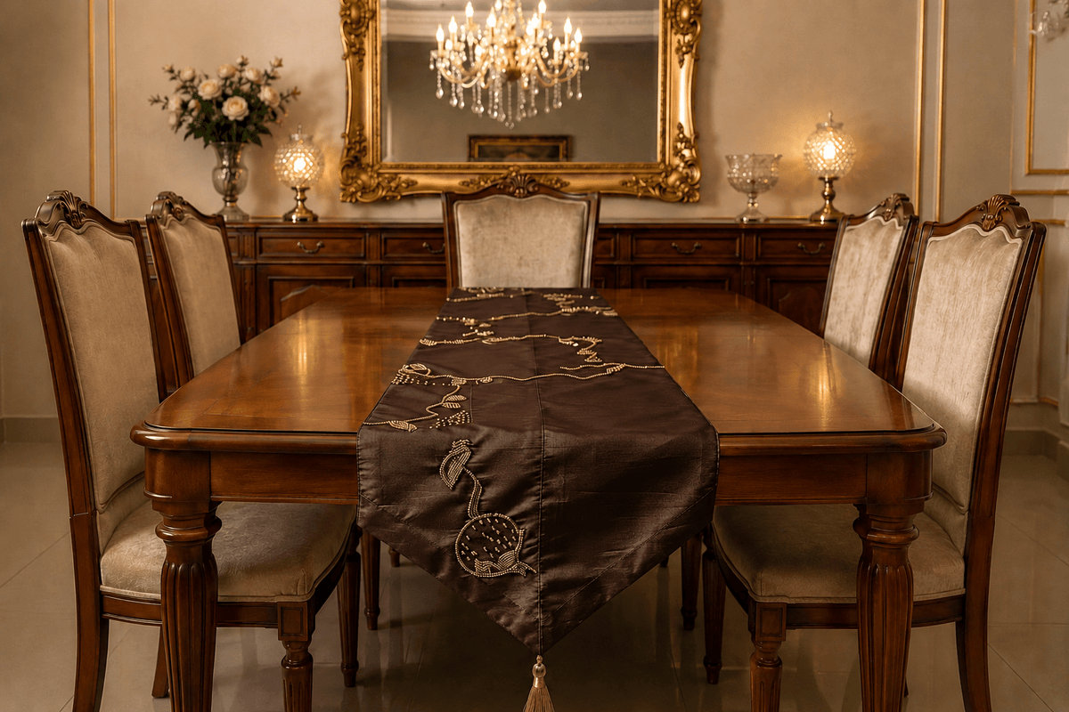 Beaded Tulip Silk Table Runner — with Tassel Detail - Hina Beddings