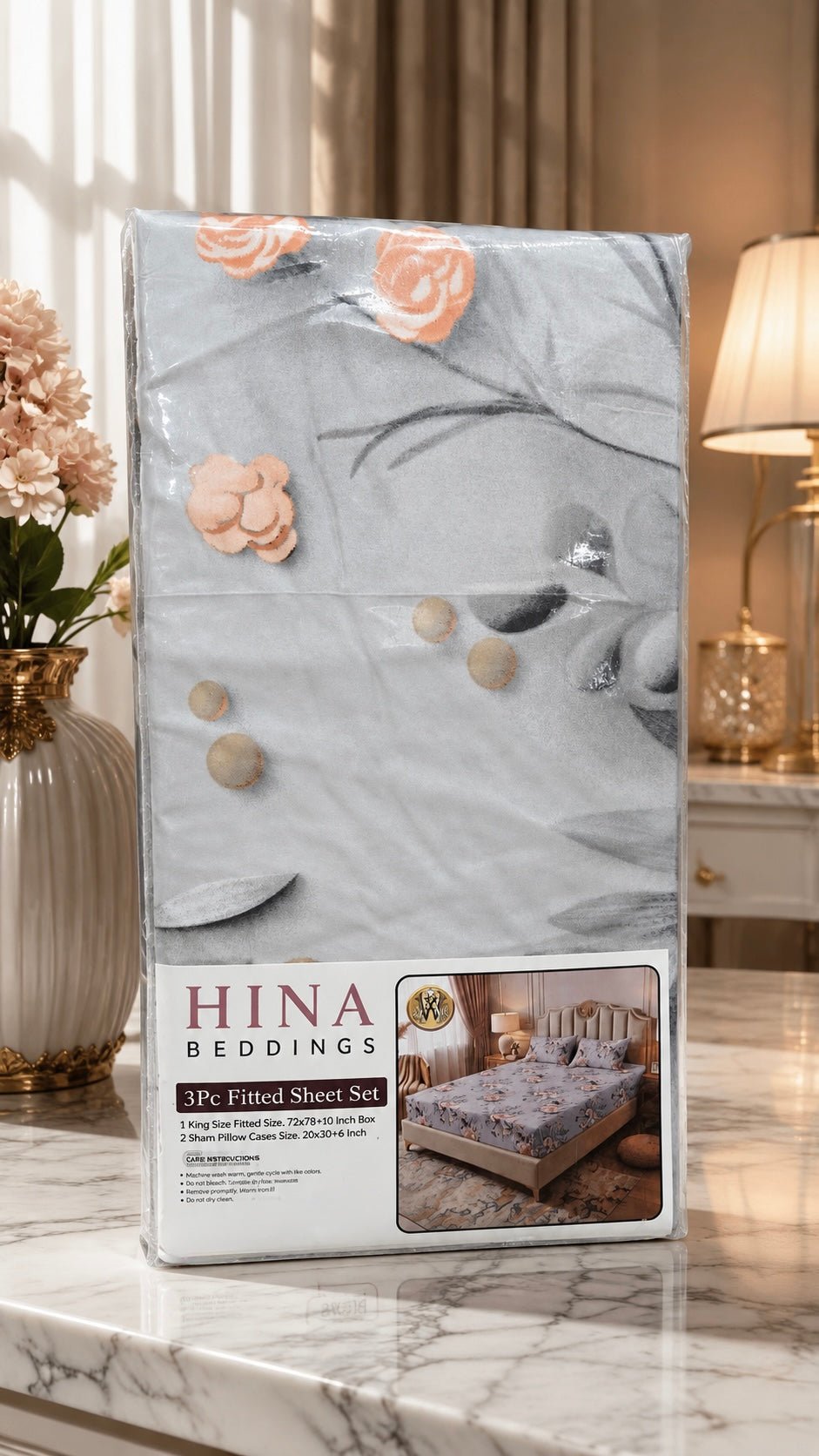 Blush Bloom Luxe soft Cotton King Fitted Bedsheet (3pc) - Hina Beddings