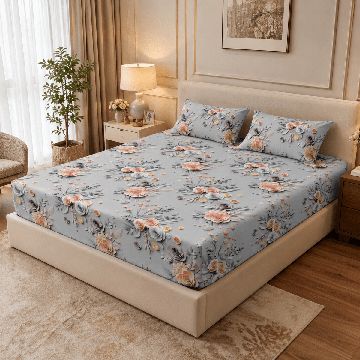 Blush Bloom Luxe soft Cotton King Fitted Bedsheet (3pc) - Hina Beddings