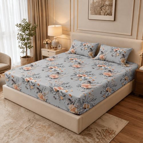 Blush Bloom Luxe soft Cotton King Fitted Bedsheet (3pc) - Hina Beddings