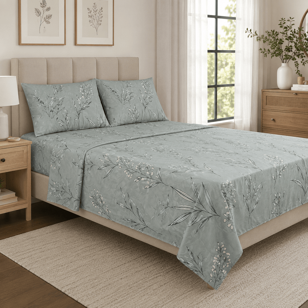 Botanical Sketch Satin Bedsheet Set - Hina Beddings