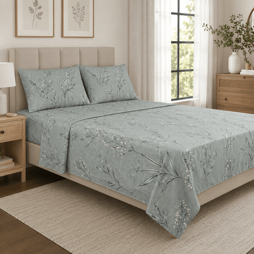Botanical Sketch Satin Bedsheet Set - Hina Beddings