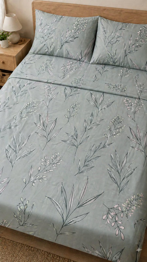 Botanical Sketch Satin Bedsheet Set - Hina Beddings