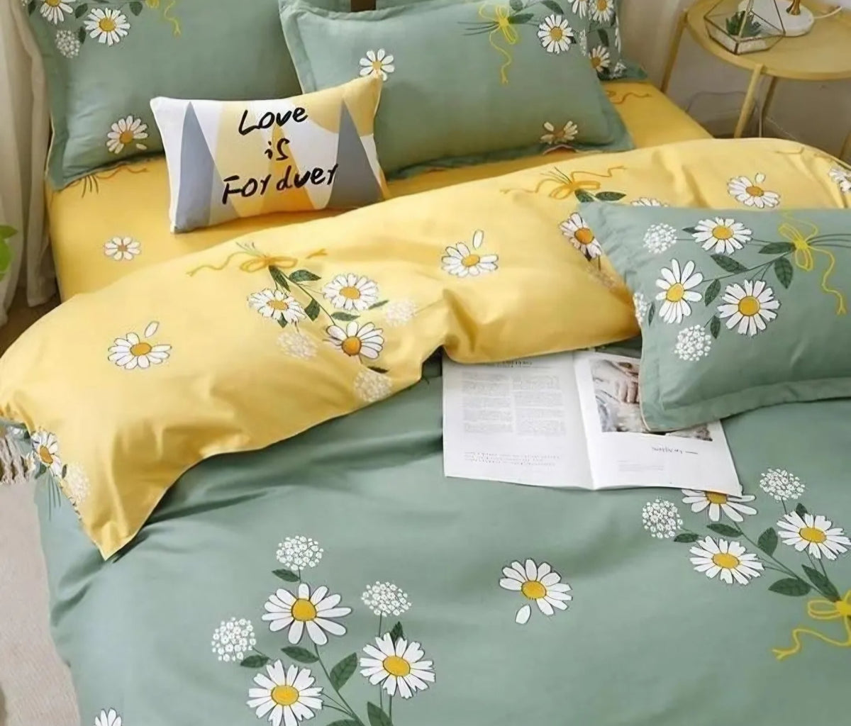 Butter Yellow & Sage Green Floral Winter Cotton Duvet Cover Set - Hina Beddings