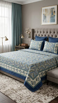 Coastal Blue Geometric Border Pure Premium Cotton Bedsheet Set - Hina Beddings