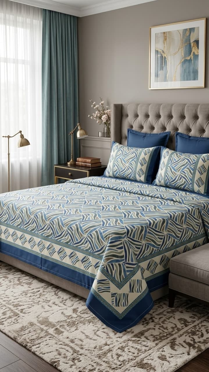 Coastal Blue Geometric Border Pure Premium Cotton Bedsheet Set - Hina Beddings