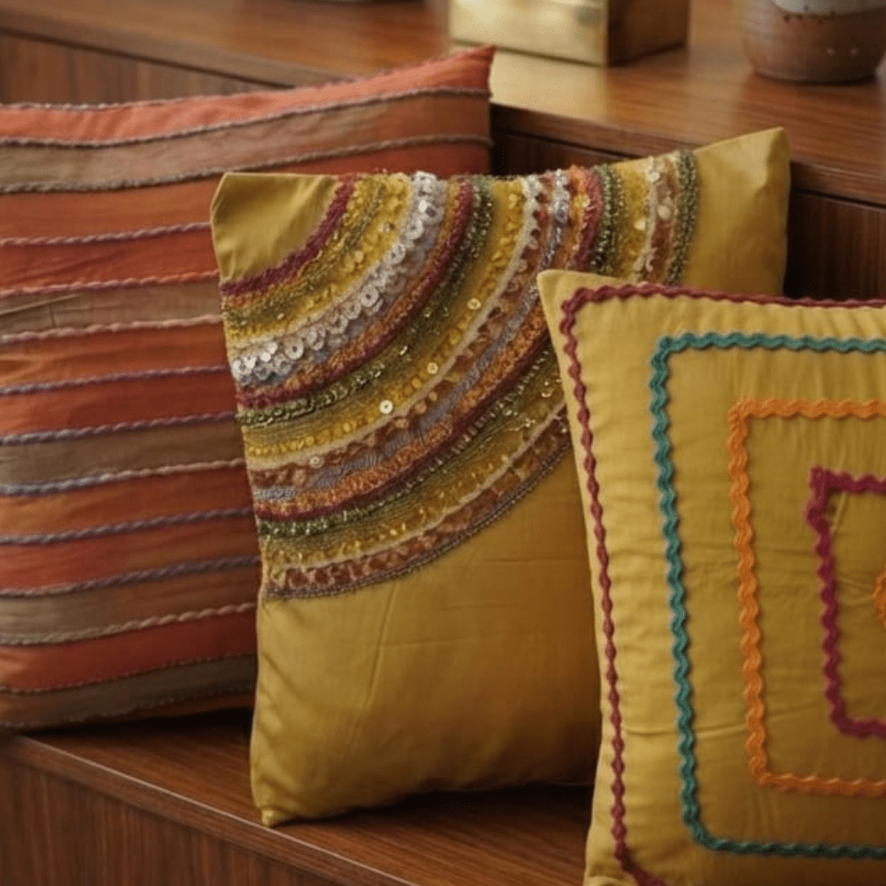 Cotton Silk Decorative Cushion Set – Handcrafted Embellished Set of 3 - Hina Beddings