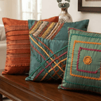 Cotton Silk Decorative Cushion Set – Handcrafted Embellished Set of 3 - Hina Beddings