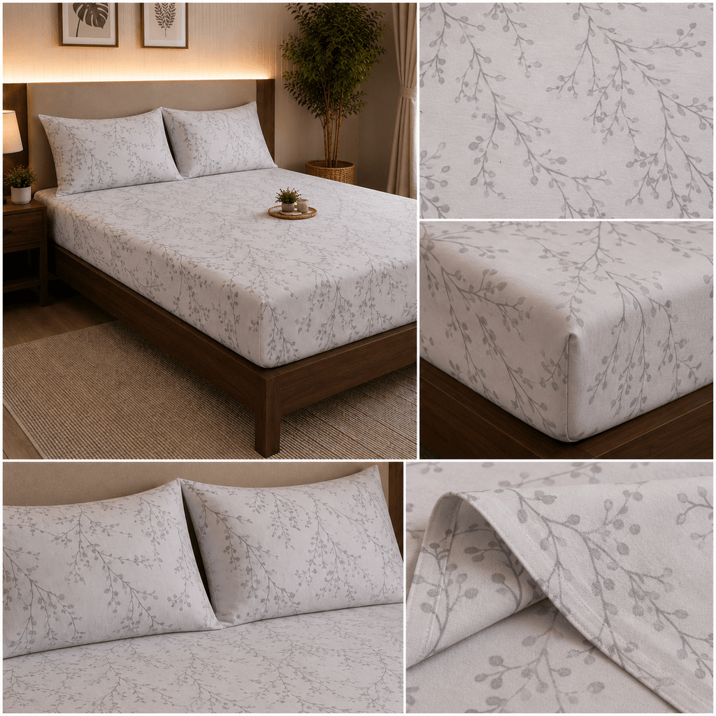Elegant Grey Botanical Cotton Satin Bedsheet 🌿 - Hina Beddings