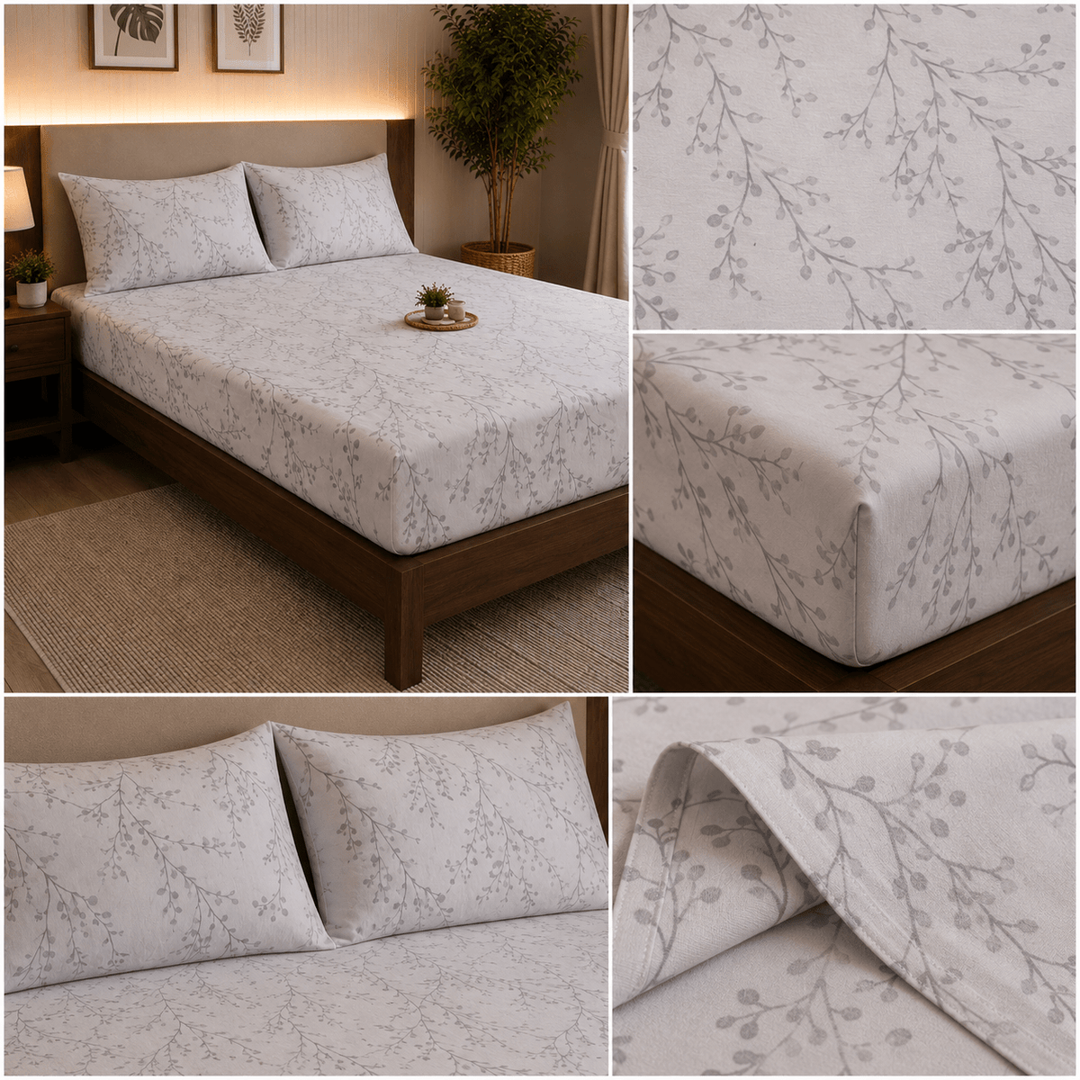 Elegant Grey Botanical Cotton Satin Bedsheet 🌿 - Hina Beddings