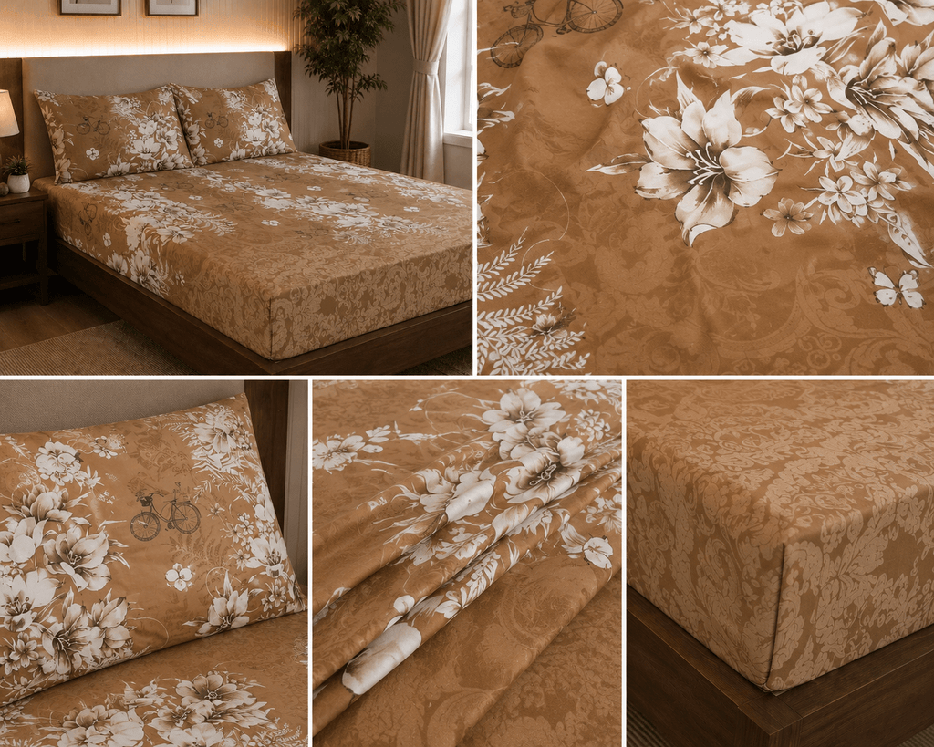 Elegant Taupe Brown Floral Cotton Satin Bedsheet - Hina Beddings