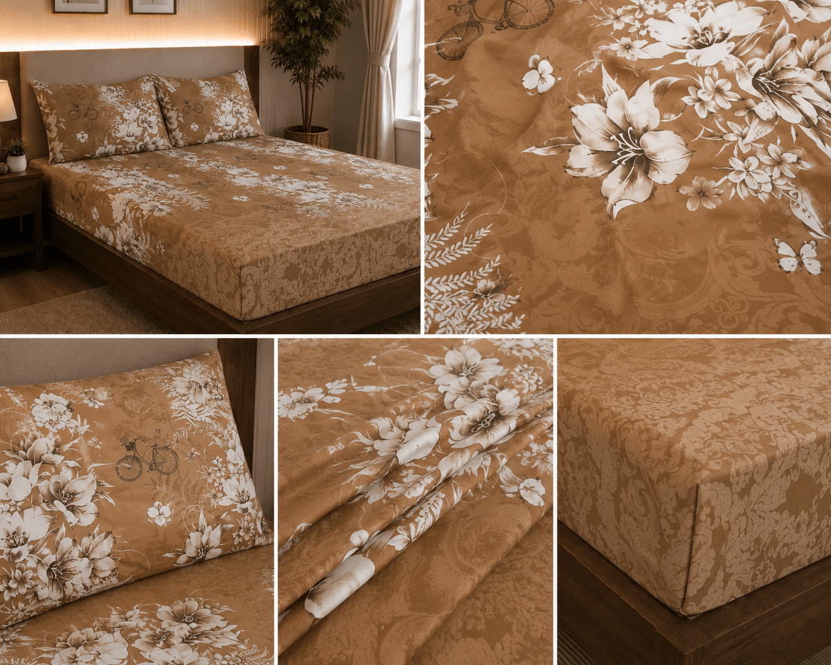 Elegant Taupe Brown Floral Cotton Satin Bedsheet - Hina Beddings