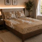 Elegant Taupe Brown Floral Cotton Satin Bedsheet - Hina Beddings