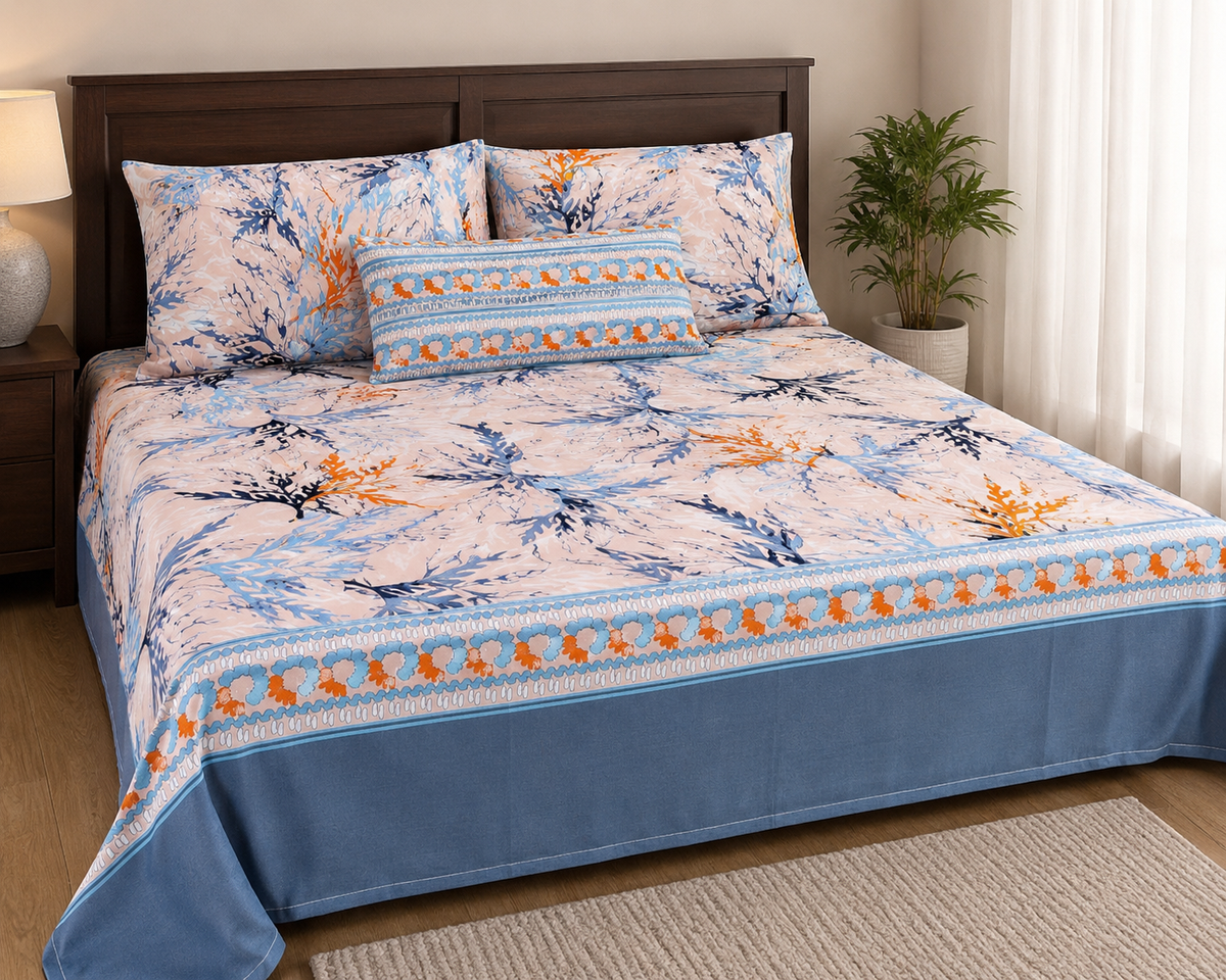 Pure Cotton Blue Coral Bloom Bedsheet