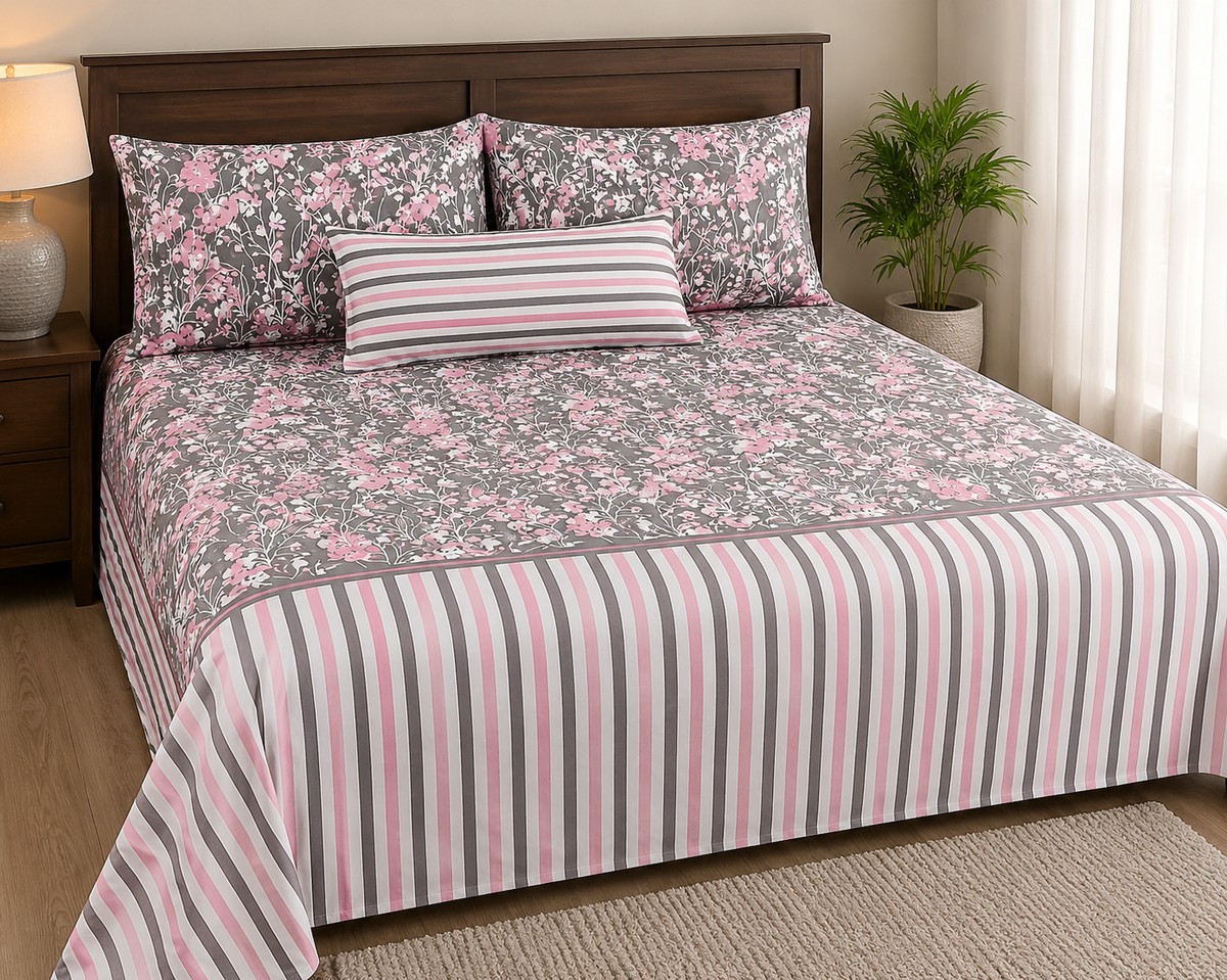 Pure Cotton Pink & Grey Floral Stripe Bedsheet