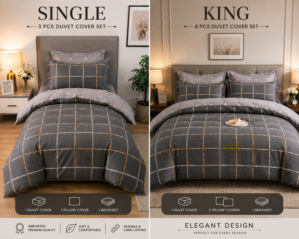 Grey & Gold Grid Imported Winter Cotton Duvet Cover Set