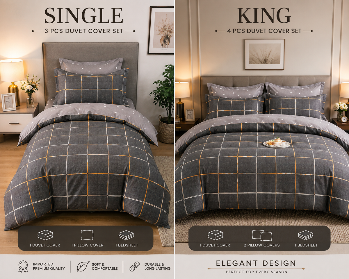 Grey & Gold Grid Imported Winter Cotton Duvet Cover Set