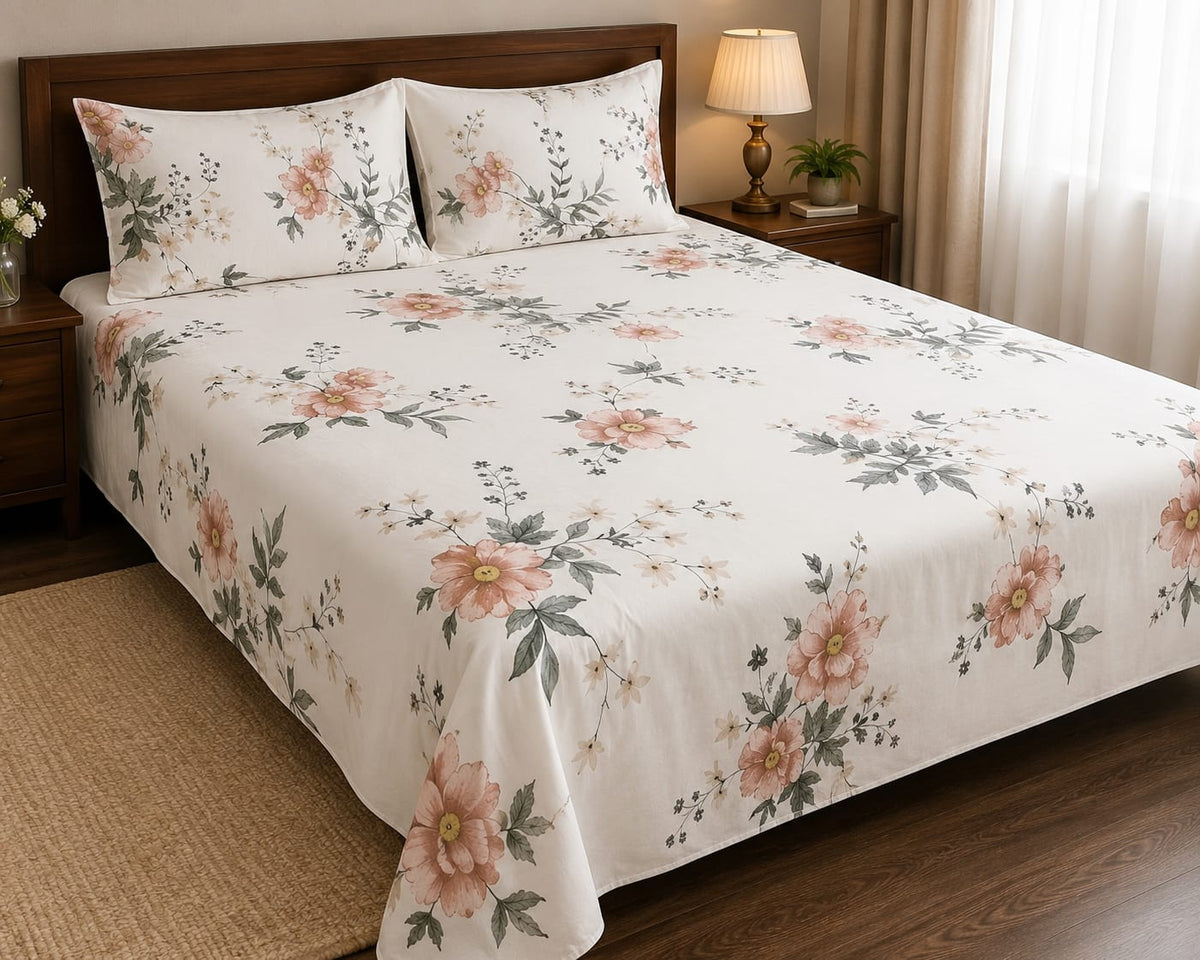 Ivory Blossom Trail Printed Bedsheet Set - Hina Beddings