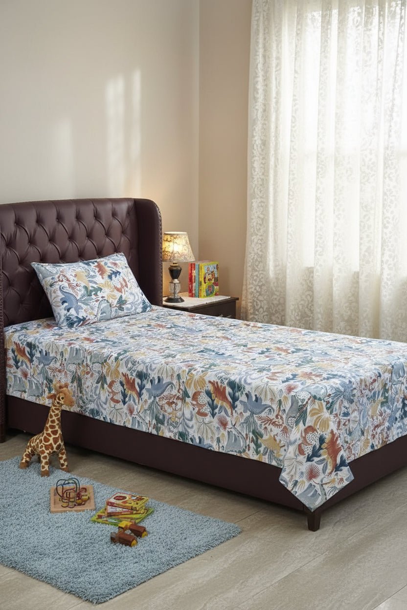Jungle Dino & Floral Kids Bedsheet - Hina Beddings