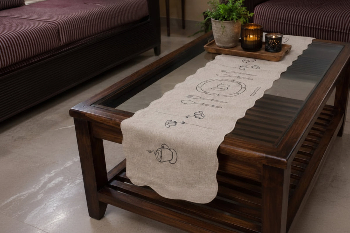 Linen Sketch Embroidered Table Runner — Cotton Jute - Hina Beddings