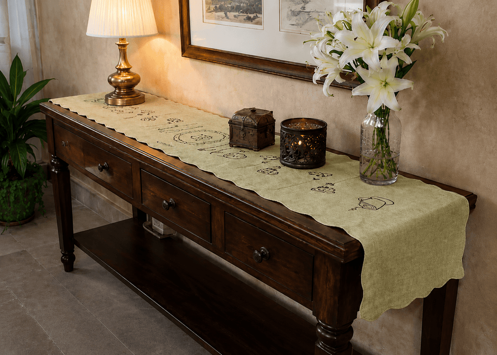 Linen Sketch Embroidered Table Runner — Cotton Jute - Hina Beddings