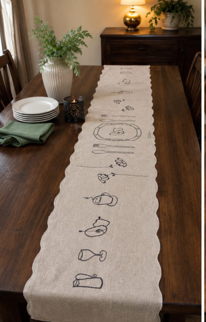 Linen Sketch Embroidered Table Runner — Cotton Jute - Hina Beddings