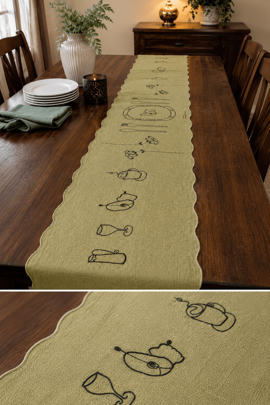 Linen Sketch Embroidered Table Runner — Cotton Jute - Hina Beddings