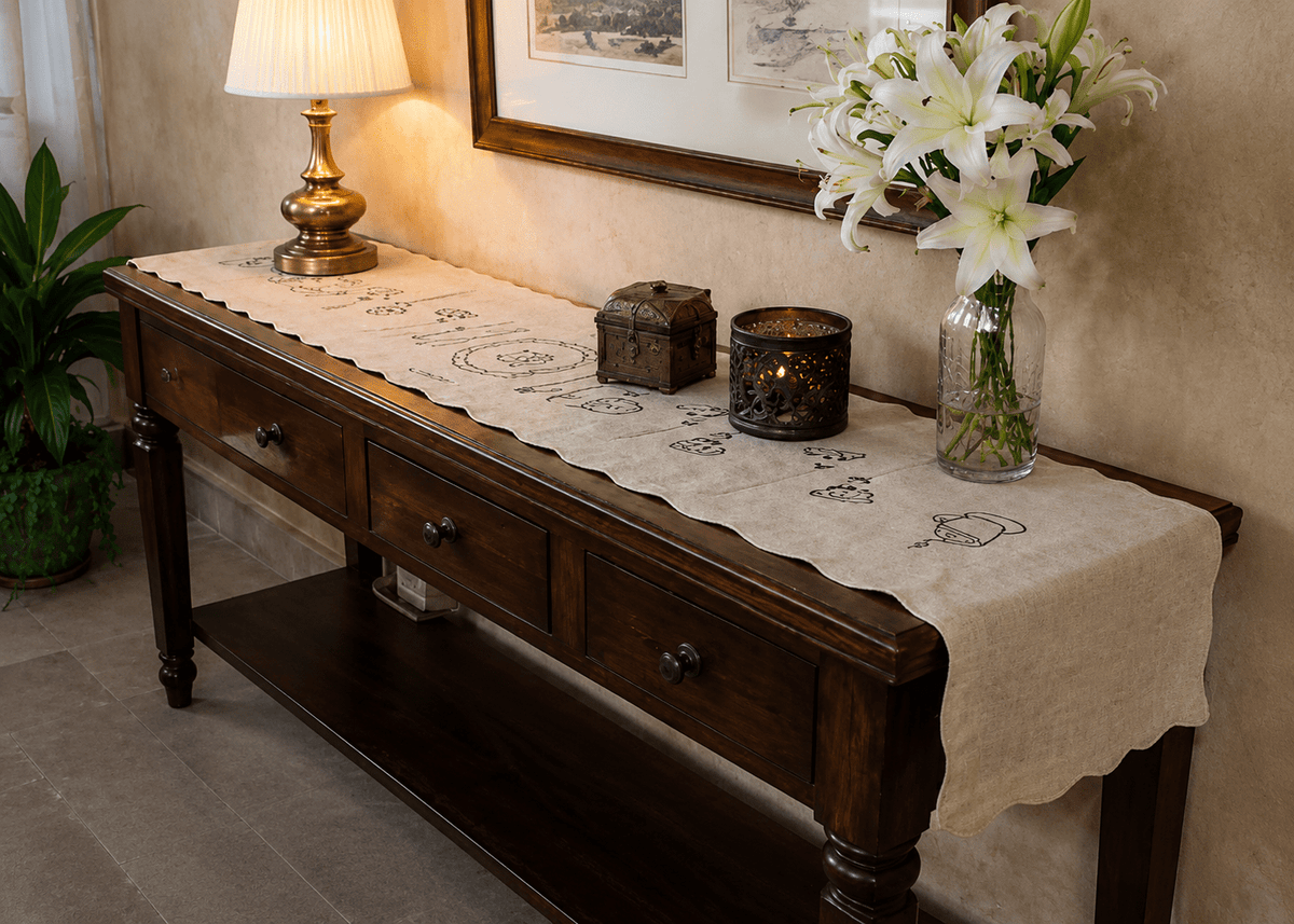 Linen Sketch Embroidered Table Runner — Cotton Jute - Hina Beddings
