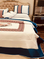 Luxury White with Navy Blue & Floral Accent Border - Hina Beddings