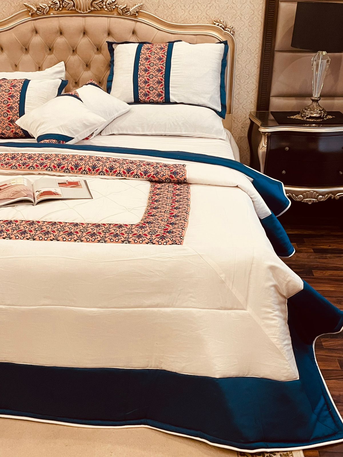 Luxury White with Navy Blue & Floral Accent Border - Hina Beddings
