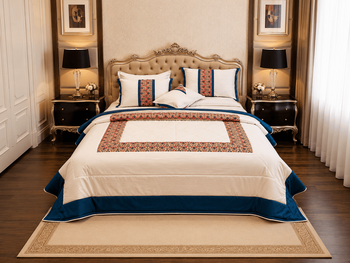 Luxury White with Navy Blue & Floral Accent Border - Hina Beddings