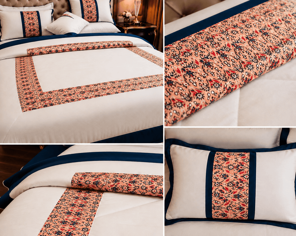 Luxury White with Navy Blue & Floral Accent Border - Hina Beddings
