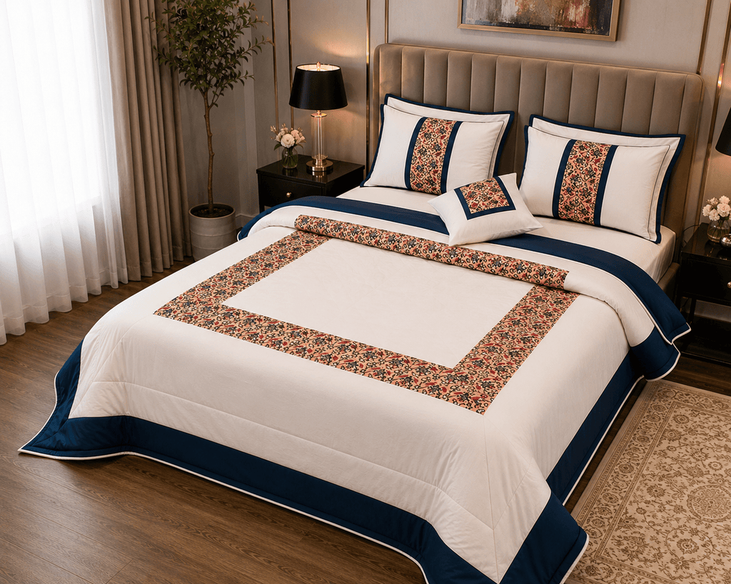 Luxury White with Navy Blue & Floral Accent Border - Hina Beddings