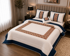 Luxury White with Navy Blue & Floral Accent Border - Hina Beddings