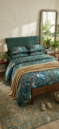 Midnight Heron Botanical Pure Premium Cotton Bedsheet Set - Hina Beddings