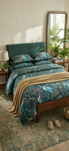 Midnight Heron Botanical Pure Premium Cotton Bedsheet Set - Hina Beddings