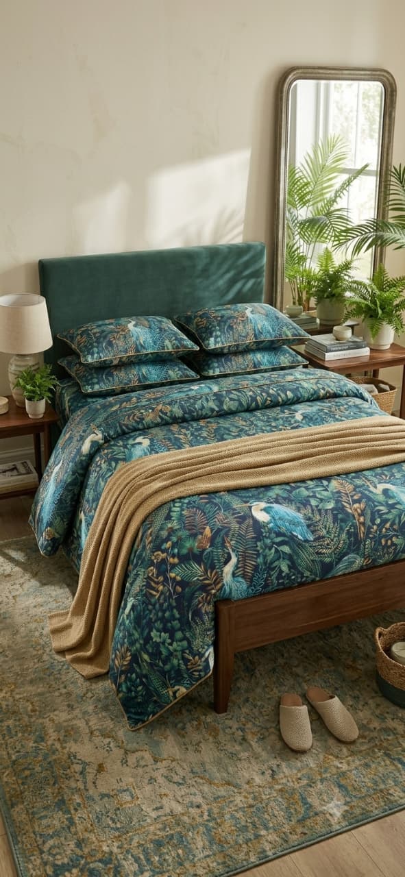 Midnight Heron Botanical Pure Premium Cotton Bedsheet Set - Hina Beddings