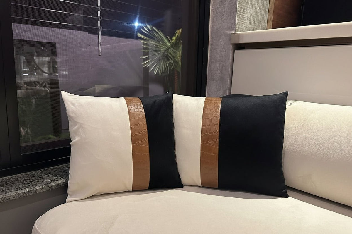 Modern Black & White Decorative Cushion Cover with Faux Leather Accent - Hina Beddings