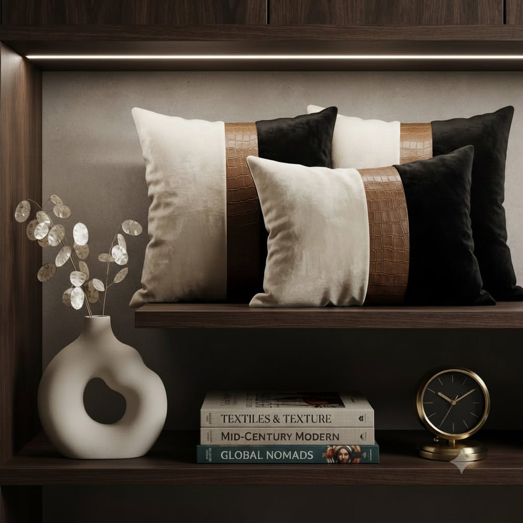 Modern Black & White Decorative Cushion Cover with Faux Leather Accent - Hina Beddings