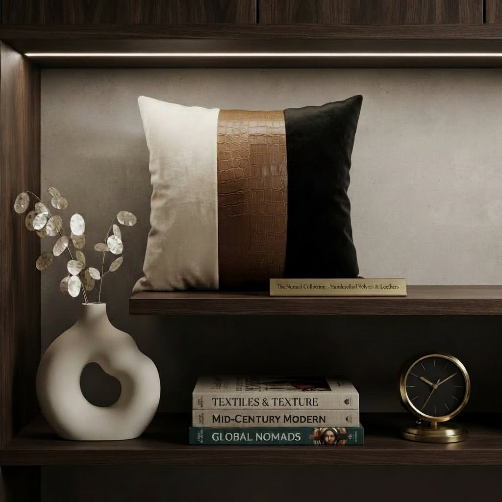 Modern Black & White Decorative Cushion Cover with Faux Leather Accent - Hina Beddings