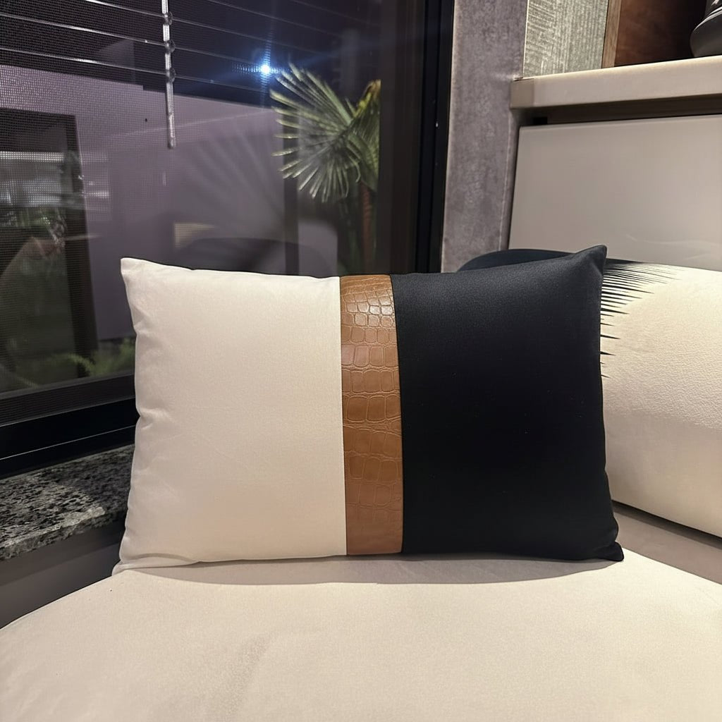 Modern Black & White Decorative Cushion Cover with Faux Leather Accent - Hina Beddings