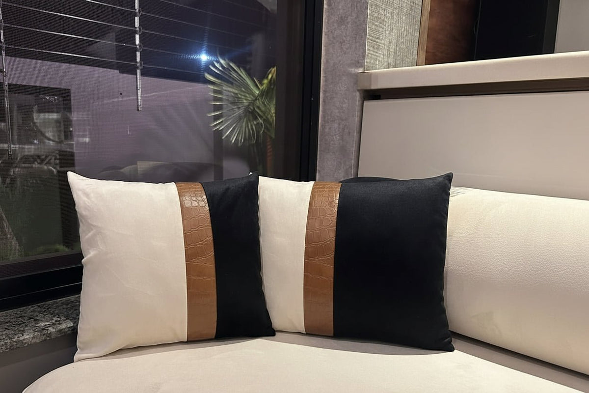 Modern Black & White Decorative Cushion Cover with Faux Leather Accent - Hina Beddings