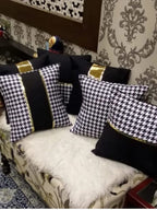Modern Houndstooth Runner & Cushion Set — Jute with Gold Leather Trim - Hina Beddings