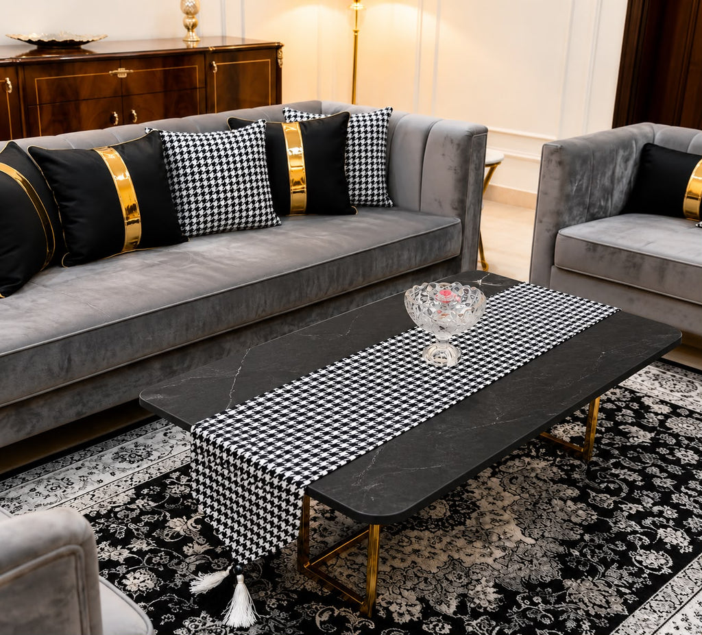 Modern Houndstooth Runner & Cushion Set — Jute with Gold Leather Trim - Hina Beddings