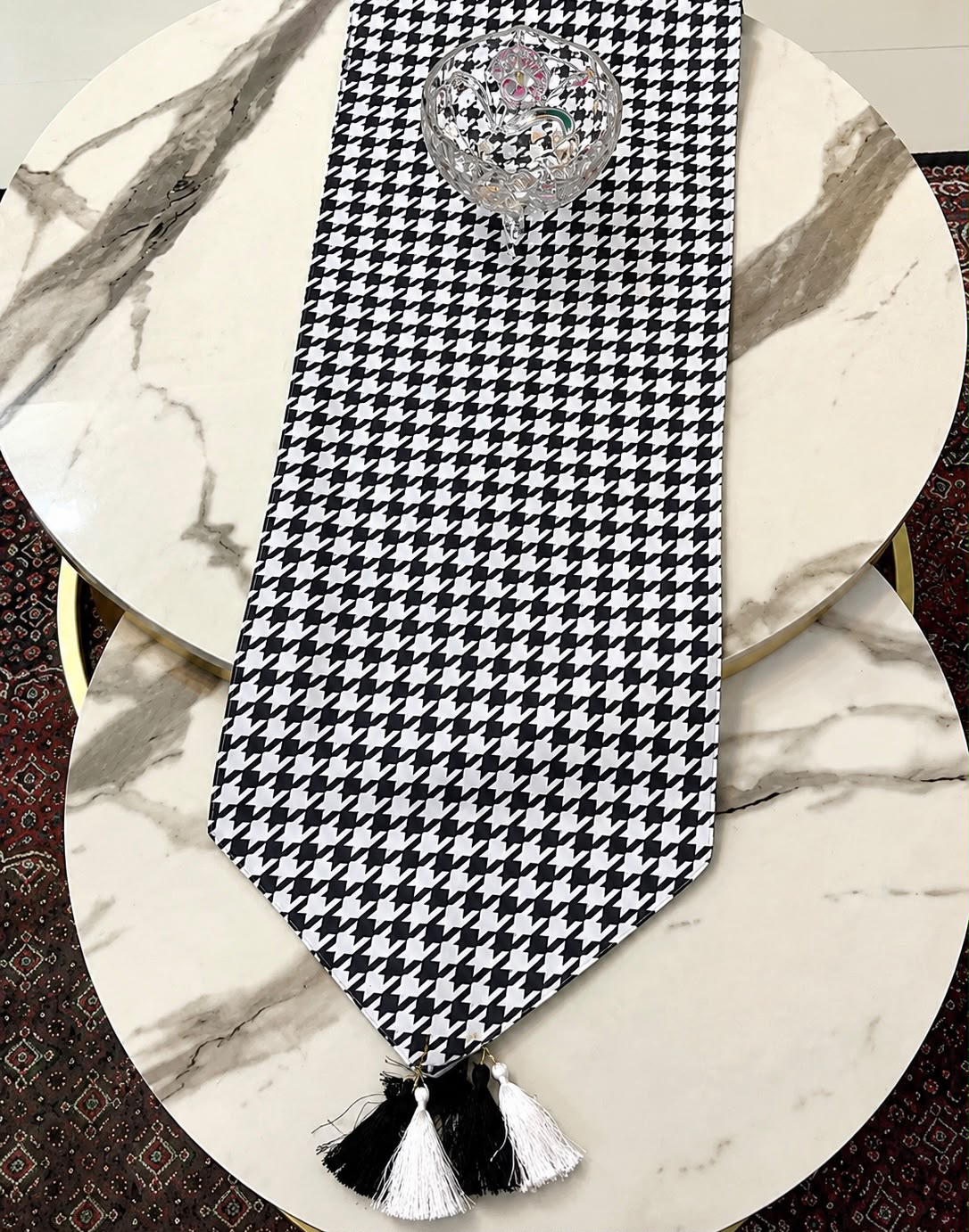 Modern Houndstooth Runner & Cushion Set — Jute with Gold Leather Trim - Hina Beddings