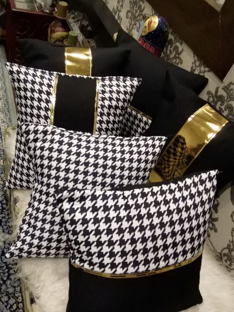 Modern Houndstooth Runner & Cushion Set — Jute with Gold Leather Trim - Hina Beddings