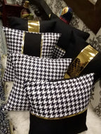 Modern Houndstooth Runner & Cushion Set — Jute with Gold Leather Trim - Hina Beddings